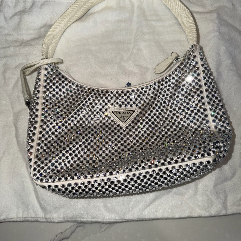 Prada White and Silver Crystal Shoulder Bag